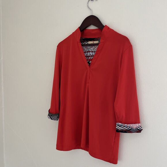 SPORT HALEY Mock Neck Half Sleeve Rhinestone Detailed Polo, Blood Orange- Small - Picture 2 of 9